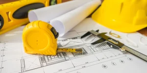 Construction plans with yellow helmet and drawing tools on blueprints